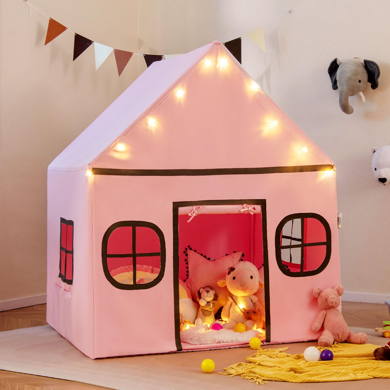 HOMASIS Tienda de Campaña Infantil con Luces de Estrellas y Alfombra Acolchada, Tipi para Niños con 4 Ventanas y Cortina 3+ Años (Rosa + Gris)