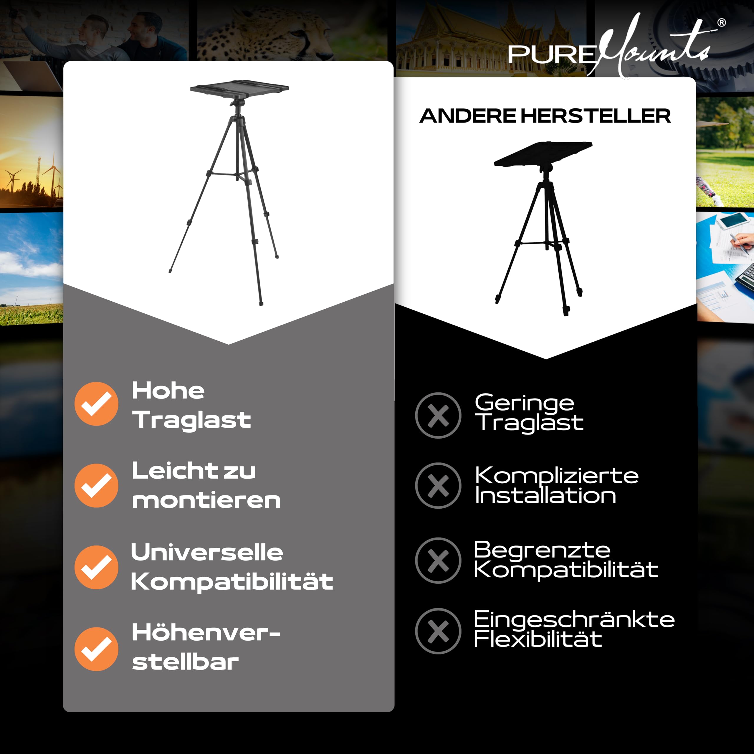 PureMounts® Soporte para proyector, trípode Ligero y Plegable, con Capacidad de Carga de hasta 6 kg, Negro