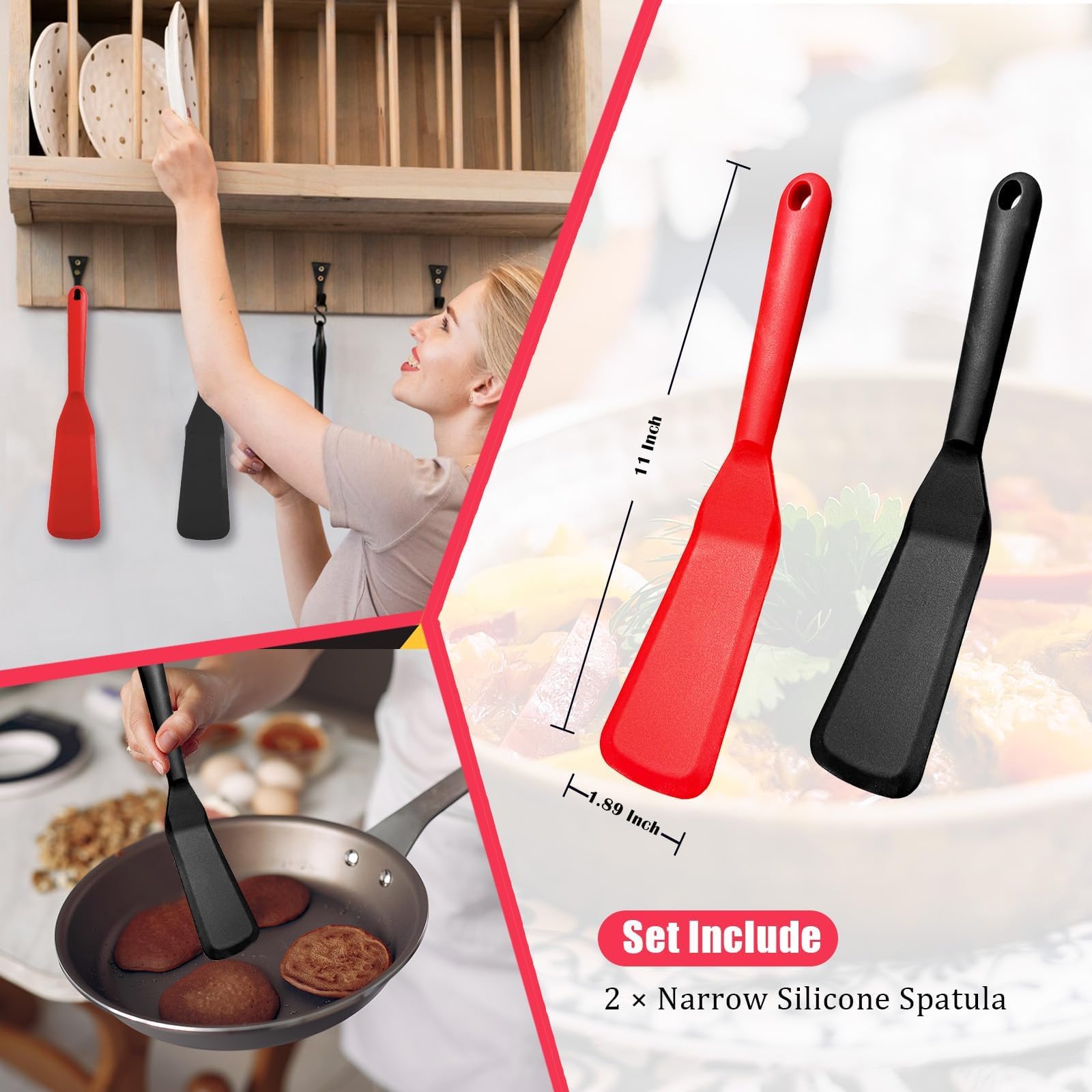 Confezione da 2 spatole in silicone sottili e sottili, lunghe e resistenti al calore, per omelette, pizza, bistecca e torte, con bordo flessibile, compatibili con padelle piccole e pentole profonde