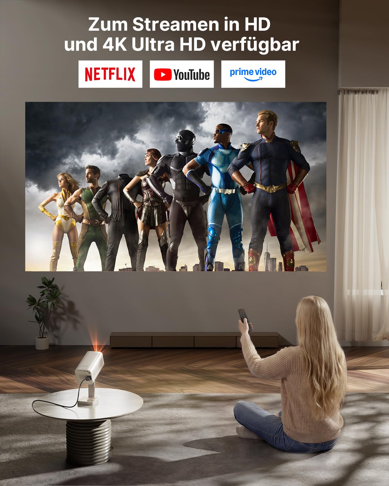 Smart Mini Beamer 4k Heimkino[Integrierte Netflix-App & 30000 Lumen] VOPLLS Verbesserte Version TOF Autofokus/Trapezkorrektur Projektor, WiFi6 Bluetooth FHD 1080P Beamer Outdoor für Handy/PC
