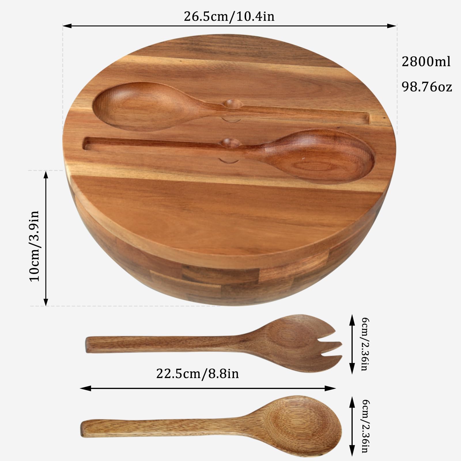 Insalatiera, Ideale Come Ciotola da Cucina, Portafrutta, Ø 26.5 cm | Ciotola per Mescolare, Pane, Utensili da Cucina, Perfetto per Picnic e Feste, Legno di Acacia, Marrone