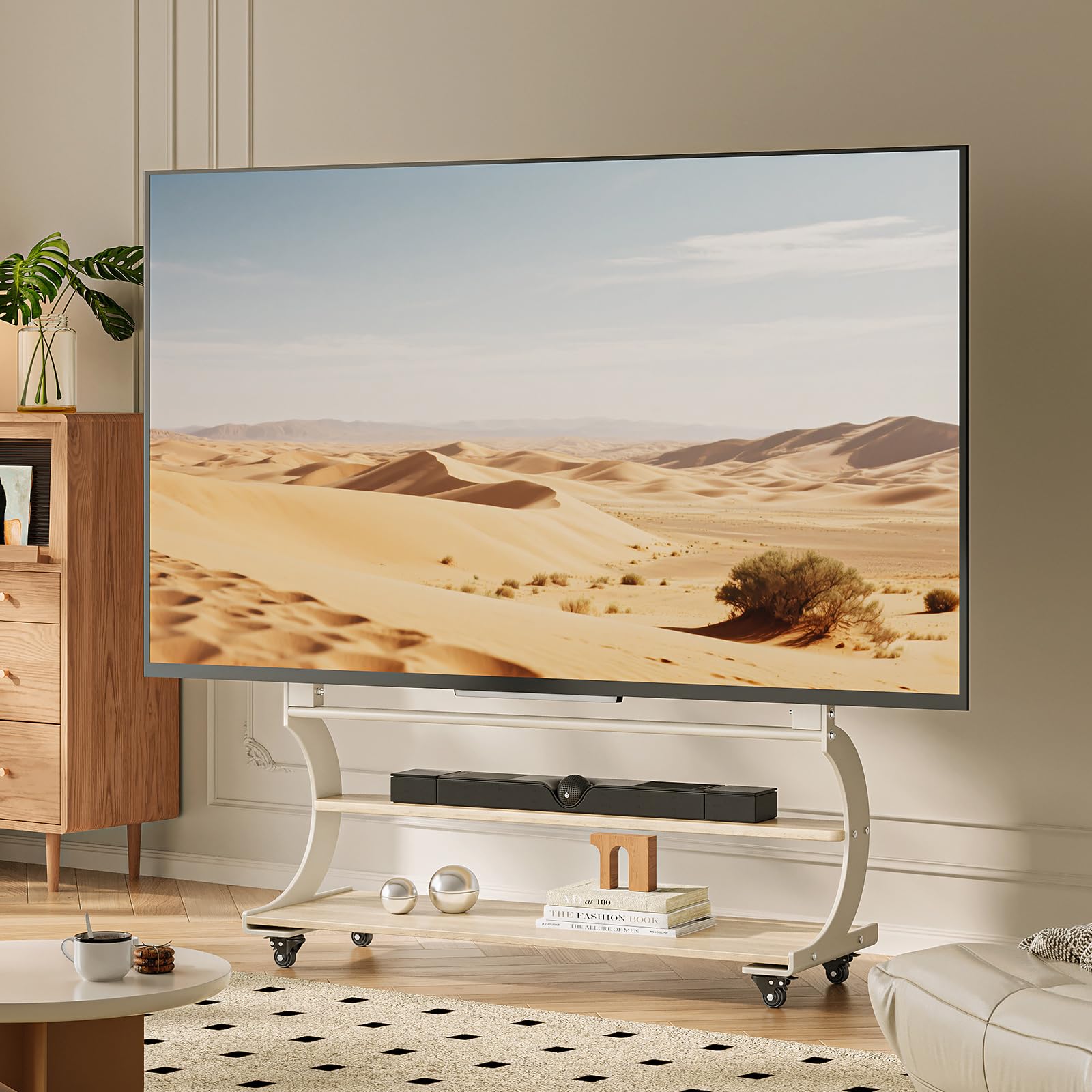 Rolling Easel TV Stand for 50-100 Inch TVs, Mobile TV Cart with Wooden Shelf and Wheels, Modern Floor Mobile TV Stand for Living Room, Office, Height Adjustable Holds up to 220lbs (beige) ( similar in stock)