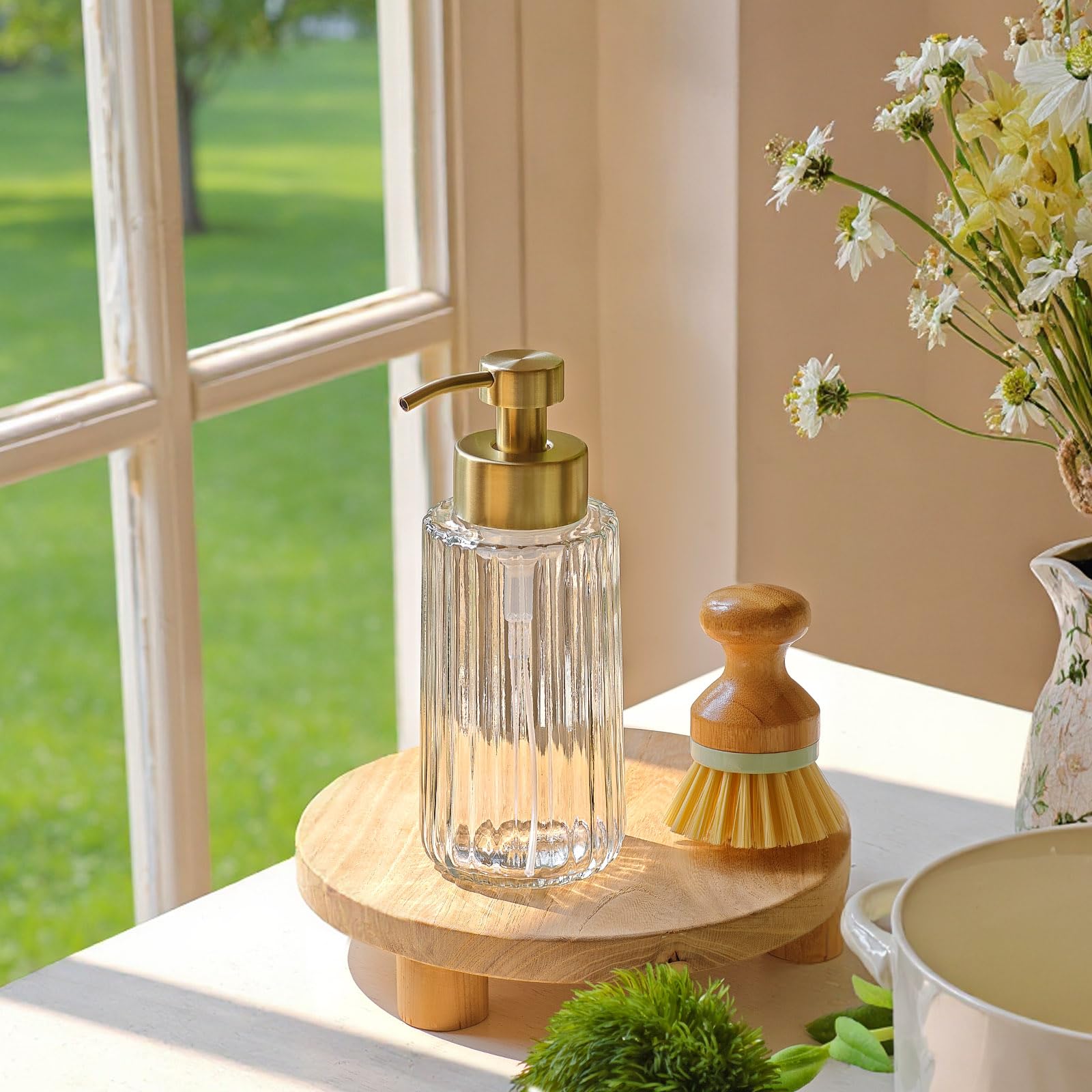Distributeur savon verre 250 ml pompe dorée, rechargeable, comptoir