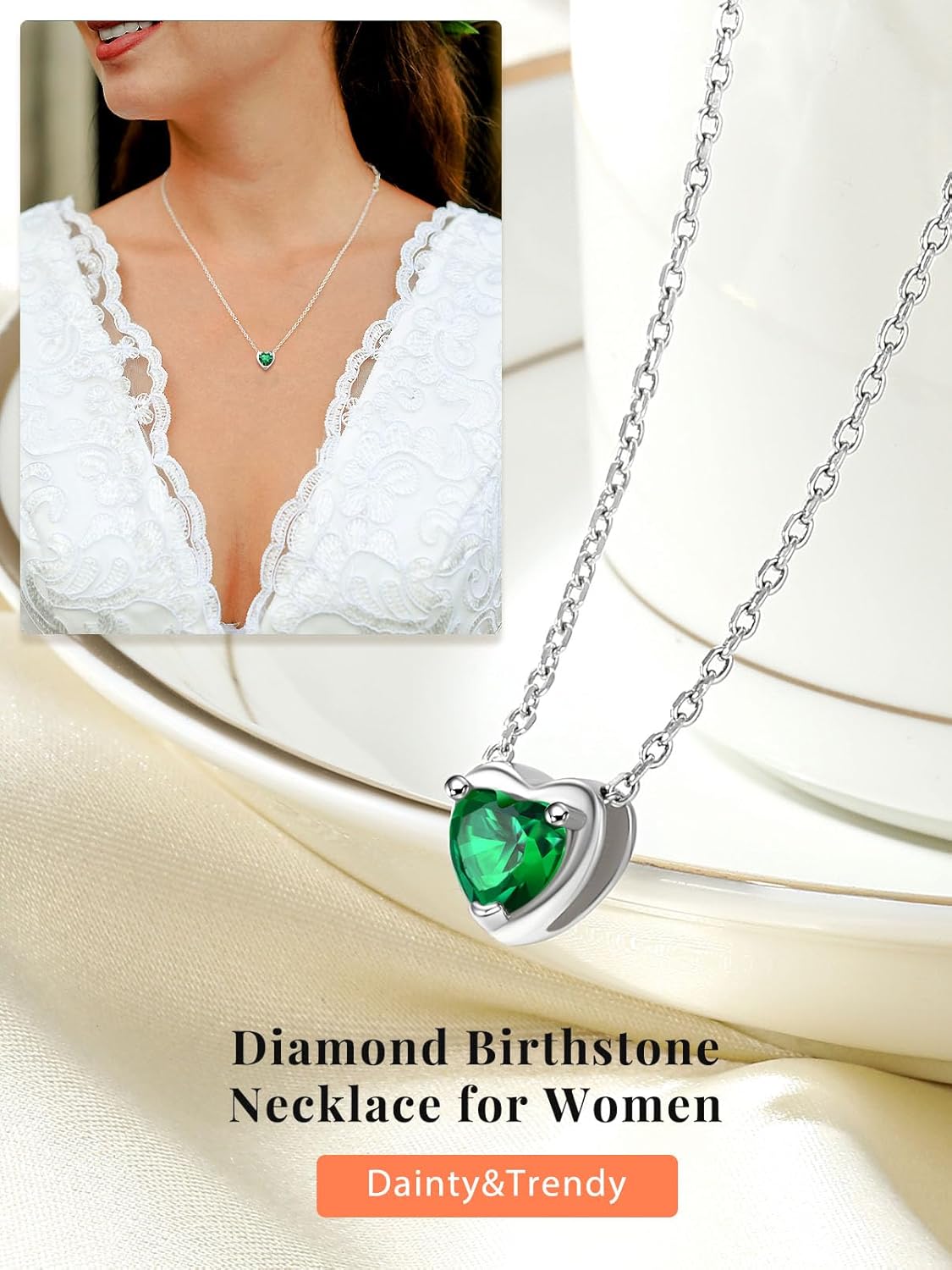 Silvora Silver Birthstone Necklaces for Women,925 Sterling Sparkling 12 Months Round/Heart Birthstone Necklace for Girls Mothers Day Gifts - Image 5