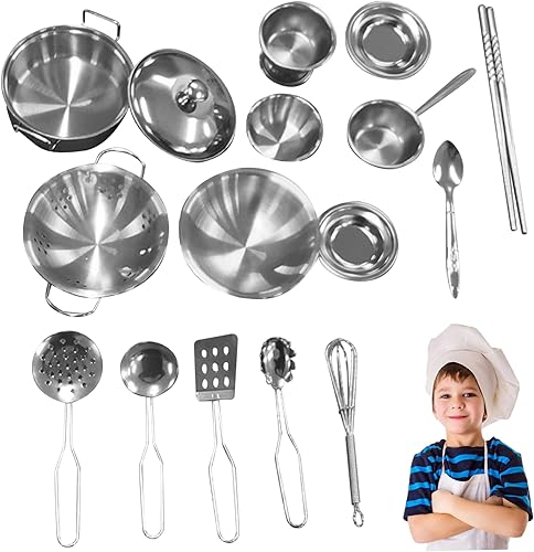 Gcroet Juegos de cocina de juguete 16 unidsset juego de rol Juego de alimentos para niños Accesorios de cocina de acero inoxidable Juguetes de