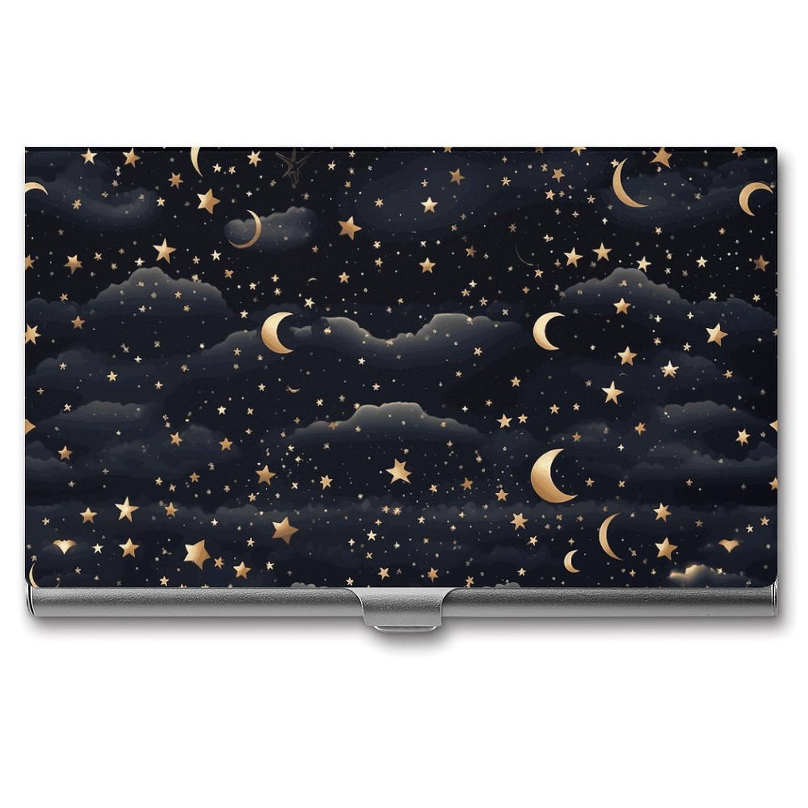 BTCOWZRV Stars And Moon on Dark Background Business Card Holder Metal Slim Business Card Case, Pocket Card Holder for Men Women Purse Name Card Holder Stainless Steel Wallet Credit ID Case for Office