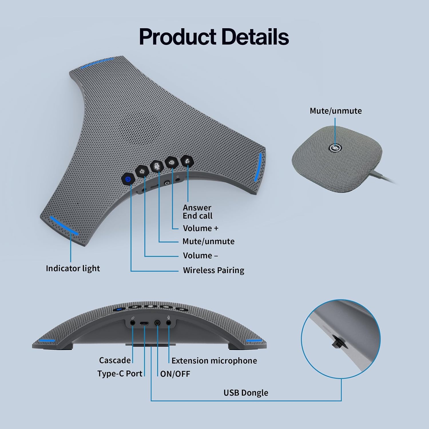 Conference Speaker and Microphone - Bluetooth Speakerphone with Daisy Chain, AI Noise Cancellation, Voice Enhancement, Support Wireless Dongle, USB Connection, Compatible with All Meeting Rooms - Image 9