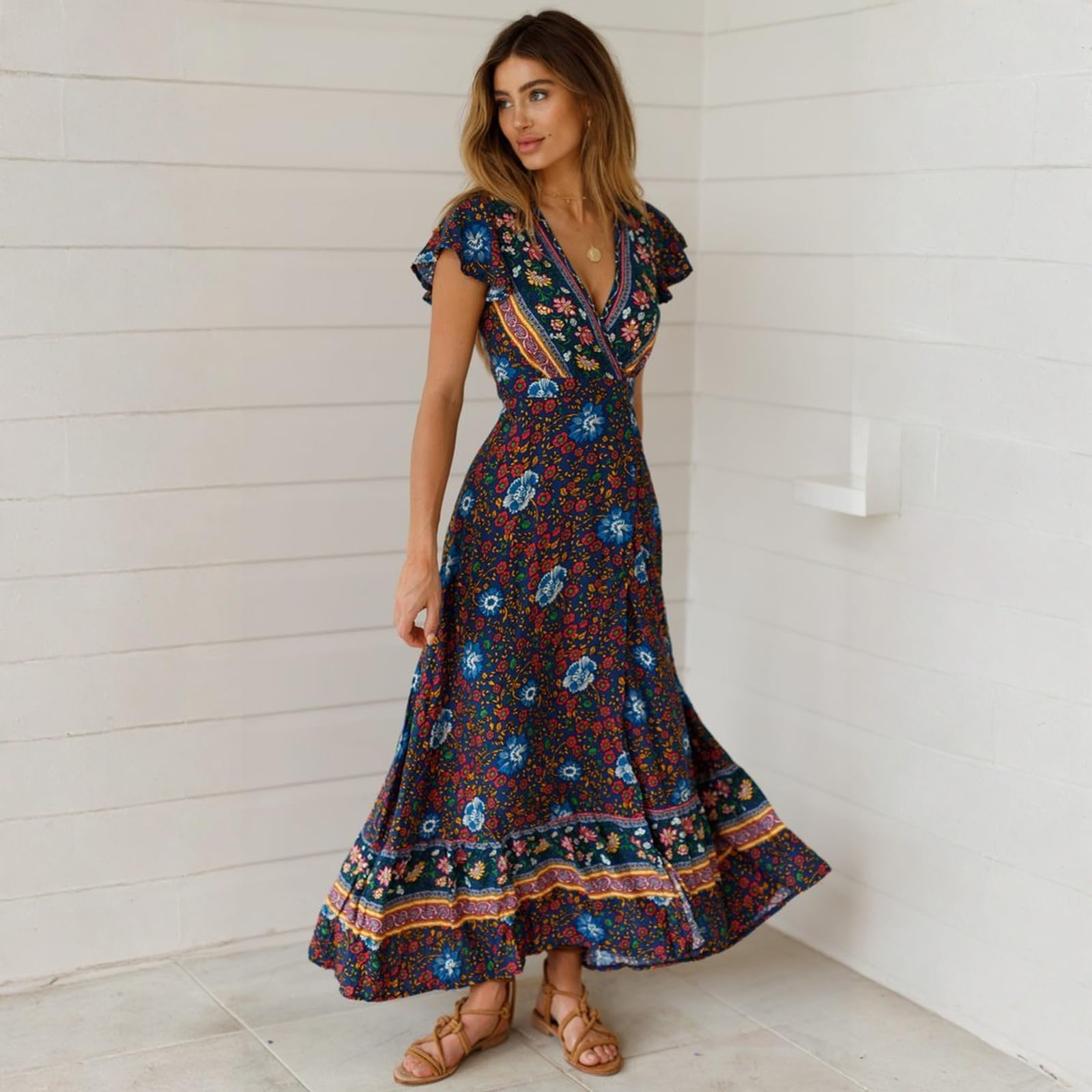 Générique Robe Ete Femme Robe Longue Boheme Portefeuille Chic Et Elegant A Col V Manches Courtes Fendue Fluide pour Plage Vacances Soiree Cocktail