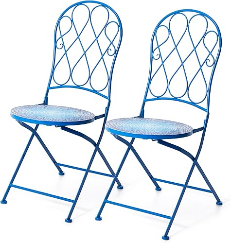Glitzhome Sillas bistró plegables de 36.5 pulgadas de alto, juego de 2 sillas de patio con marco de metal azul y patrón de azulejos de cerámica,