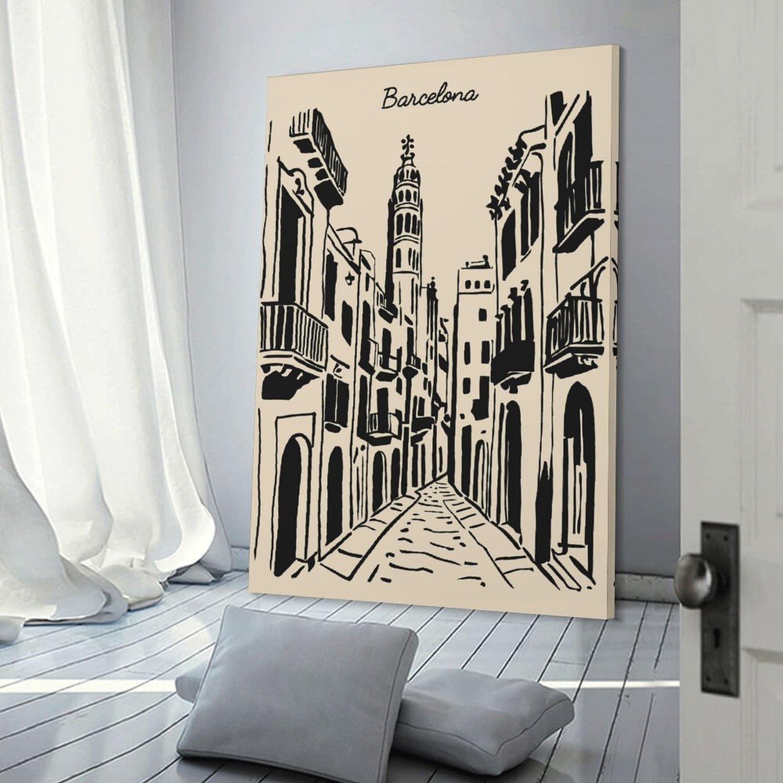 Junmoney Canvas Wall Decor Barcelona Street Illustration, 20x30inch(50x75cm), for Lounge Decor, Bedroom Walls Or Flats, Eye Catching Artwork for Blank Walls