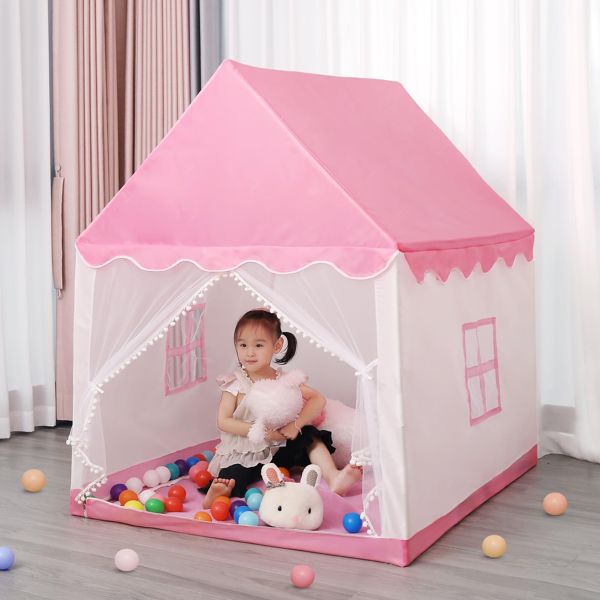 LimitlessFunN Large Kids Play Tent with Star Lights & Carrying Case, Children Toddler Castle Playhouse, Indoor & Outdoor Fun (Pink)