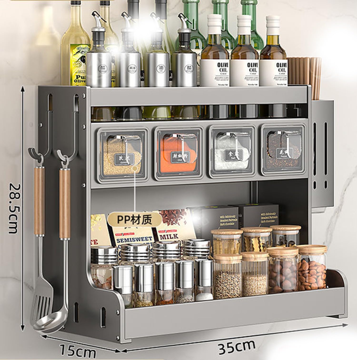 Estante de especias con tarros, estante de almacenamiento de especias montado en la pared con 4 recipientes, gabinete de especias para condimentos para encimera y gabinete