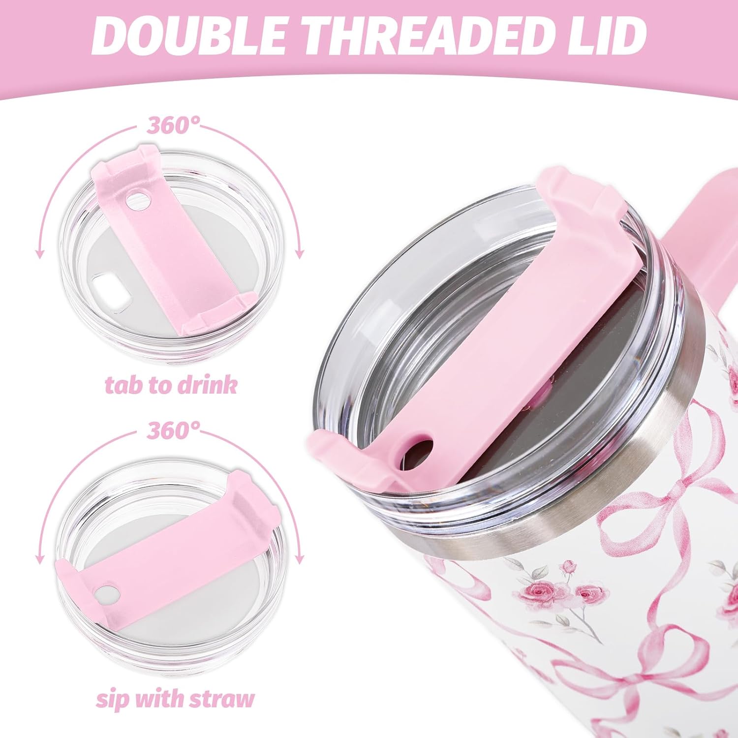 Valentine's Day Pink Bow Floral Tumbler with Straw and Lid 40oz Watercolor Bow Flower Stainless Steel Cup with Handle Pink Travel Coffee Tumbler Cup for Home Office Travel Women Girls Birthday - Image 3