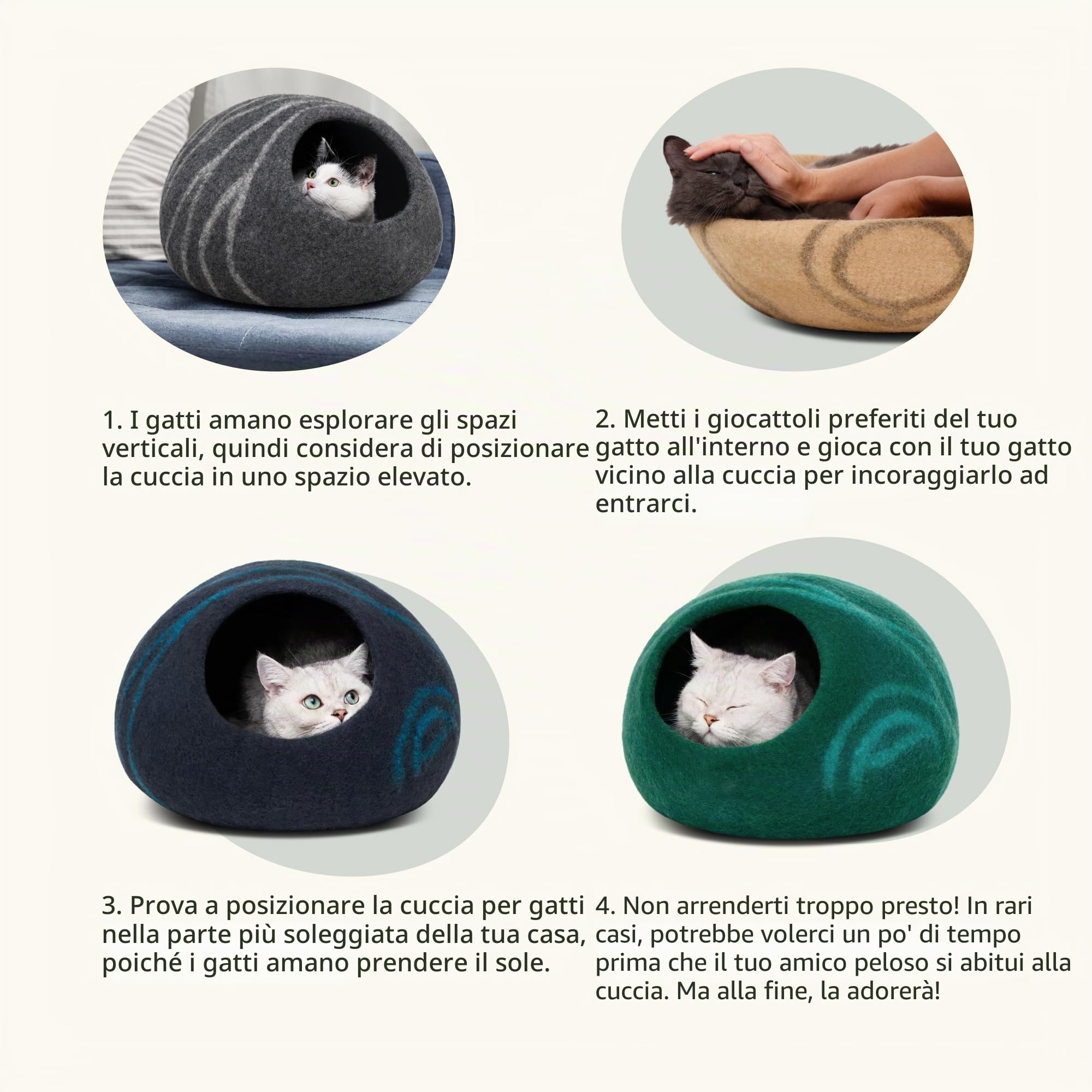 MEOWFIA Cuccia per gatti in feltro di alta qualità - Cuccia fatta a mano in lana merino per gatti e gattini (tonalità chiare) (medio, perla fumosa)