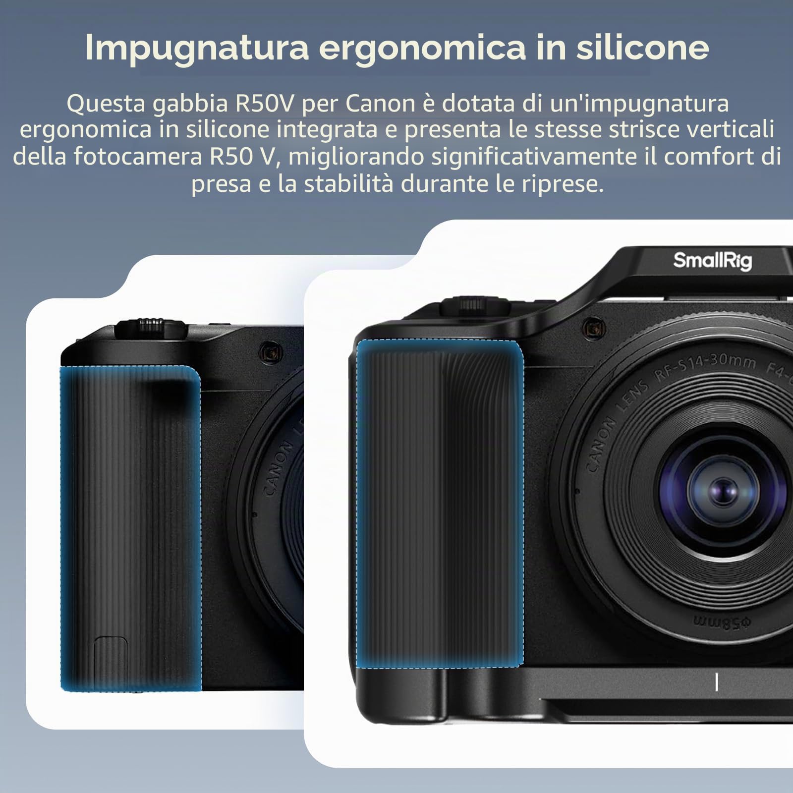 SMALLRIG Gabbia per fotocamera R50 V per Canon R50 V, impugnatura ergonomica in silicone, piastra a sgancio rapido per arca, foro filettato da 1/4"-20, fori da 3/8"-16 per ARRI, flash (nero) - 5427