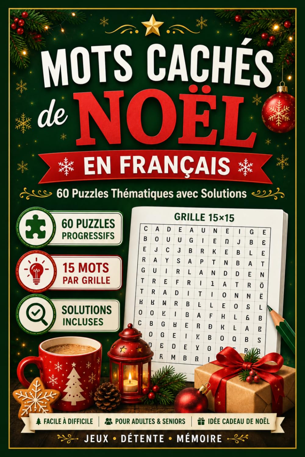 Mots Cachés de Noël en Français – 60 Puzzles Thématiques avec Solutions: Livre de Mots Mêlés Adultes et Seniors | Facile à Difficile | Idée Cadeau de Noël