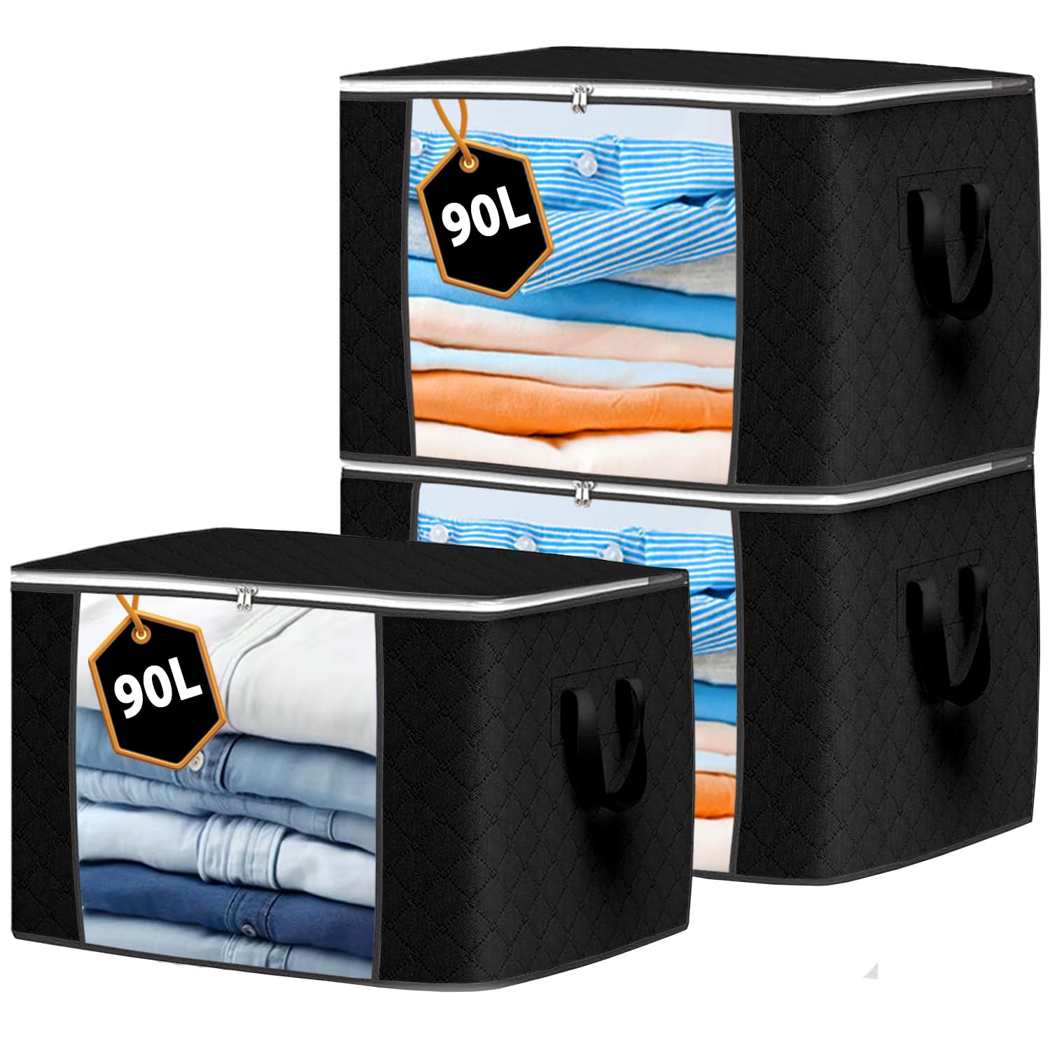 KURNI Storage Bags Clothes Organizer Foldable 3 Pack Black, 90L Capacity, 3 Sided Zipper Storage Bag. Dust/Mites & Moisture Proof 60 x 43 x 35cm