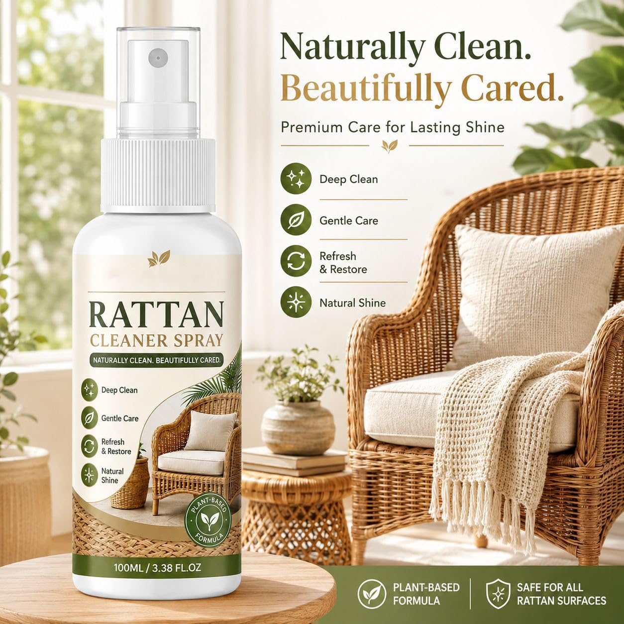 Limpiador y pulidor para rattan – restaura brillo en sillas (5pcs) | Para muebles de mimbre, rattan y tejidos. Uso interior/exterior. Pulverizar y limpiar. Elimina polvo, suciedad. 100 g. 3 años