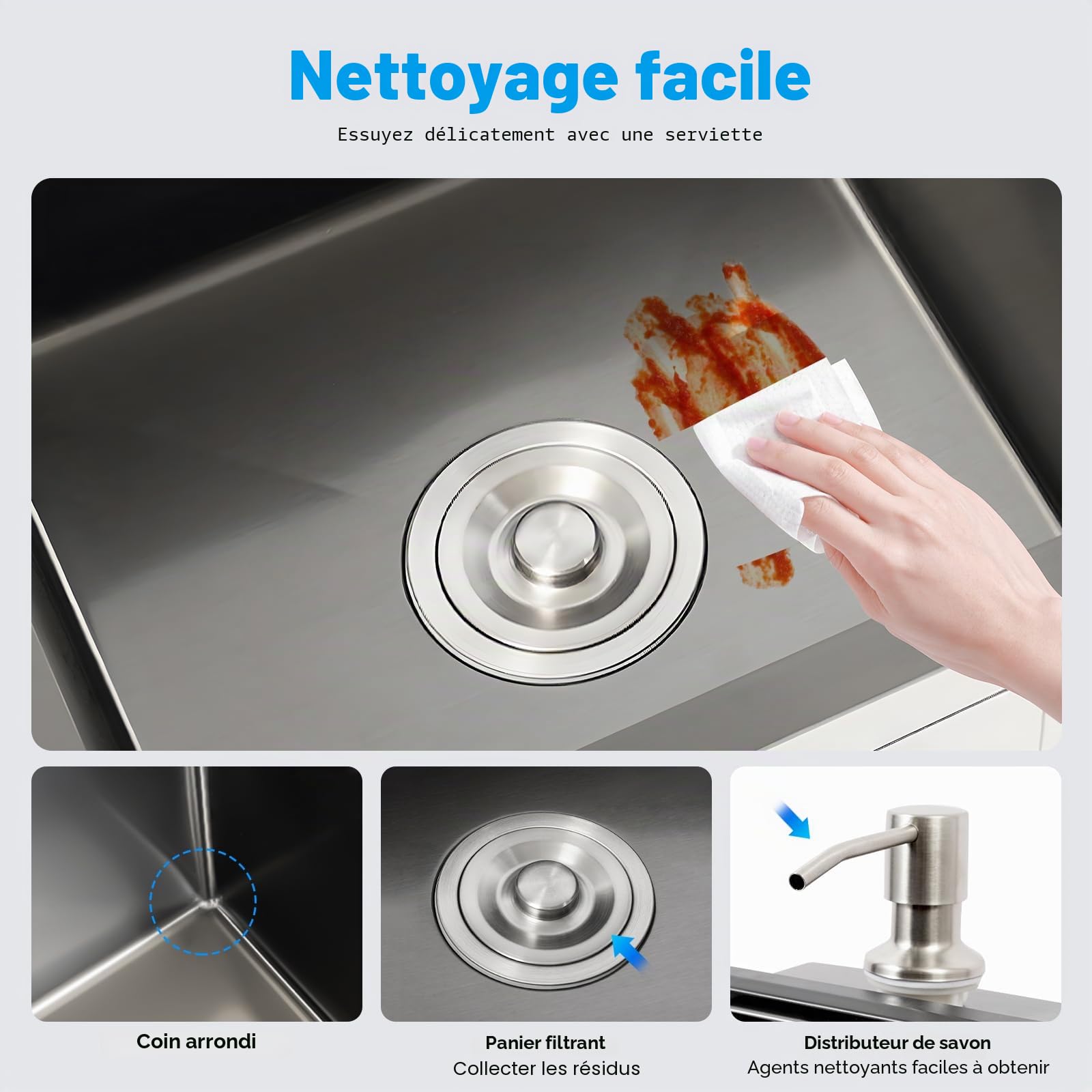 Évier double en acier inoxydable pour cuisine, évier noir encastrable avec égouttoir, bac de goutte, évier double, ensemble de tuyaux de vidange, distributeur de savon