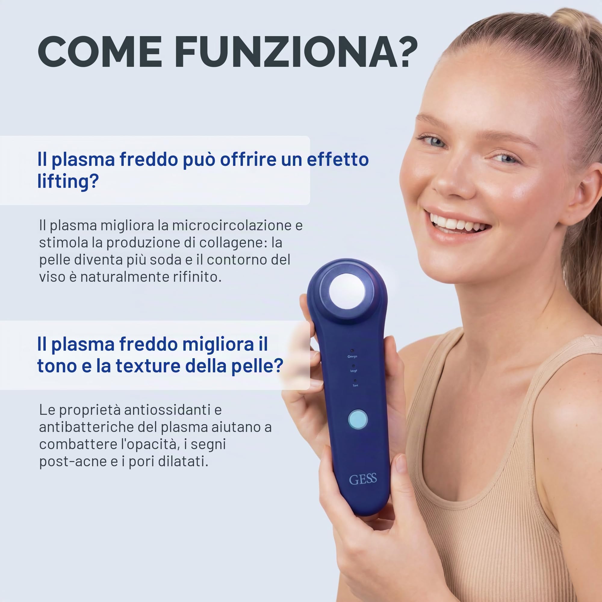 GESS Plasma Energy - Massaggiatore al plasma a freddo con piastra in ceramica, per la cura della pelle del viso, ad alta frequenza per acne, per pelli sensibili