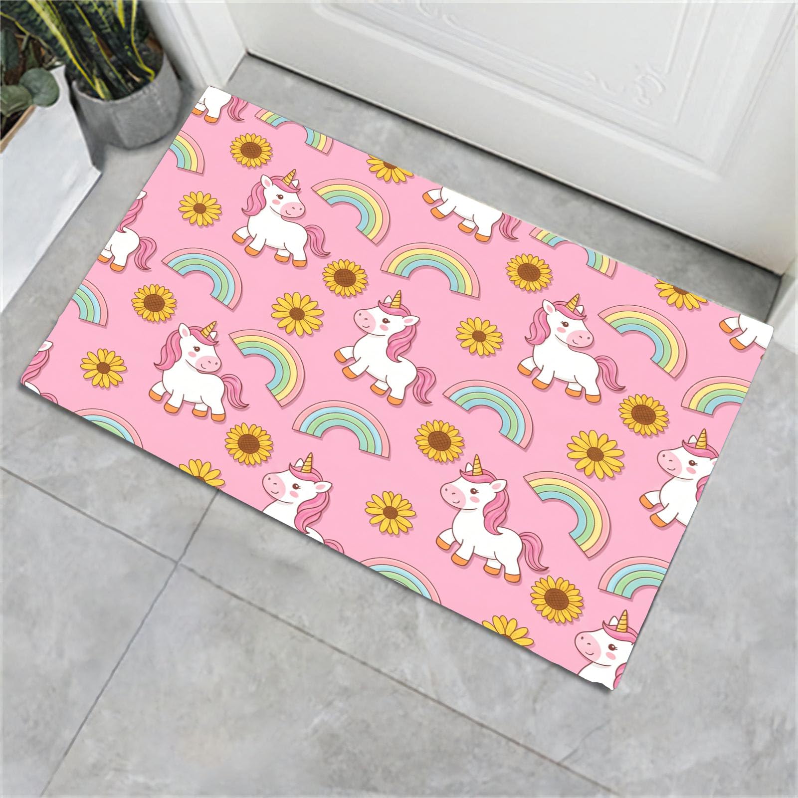 Fussmatte Innen 80X120Cm Rosa Niedliches Regenbogeneinhorn Fußmatte Innen rutschfeste Für Hund Eingang Badematte Zeichentricktiere Waschbar Schmutzfangmatte Fussmatten Haustür Türmatte
