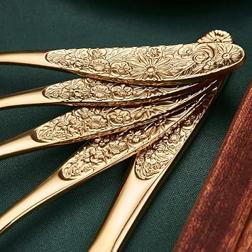 Cutlery Flatware Cutlery Set, 3/12/18/24/30/36 Pieces Simple Embossed Pattern Thickened Handle Steak Knife Fork Spoon Four Colors Optional Palace Retro Style Hotel Fork S,Gold-4 Pieces for 1
