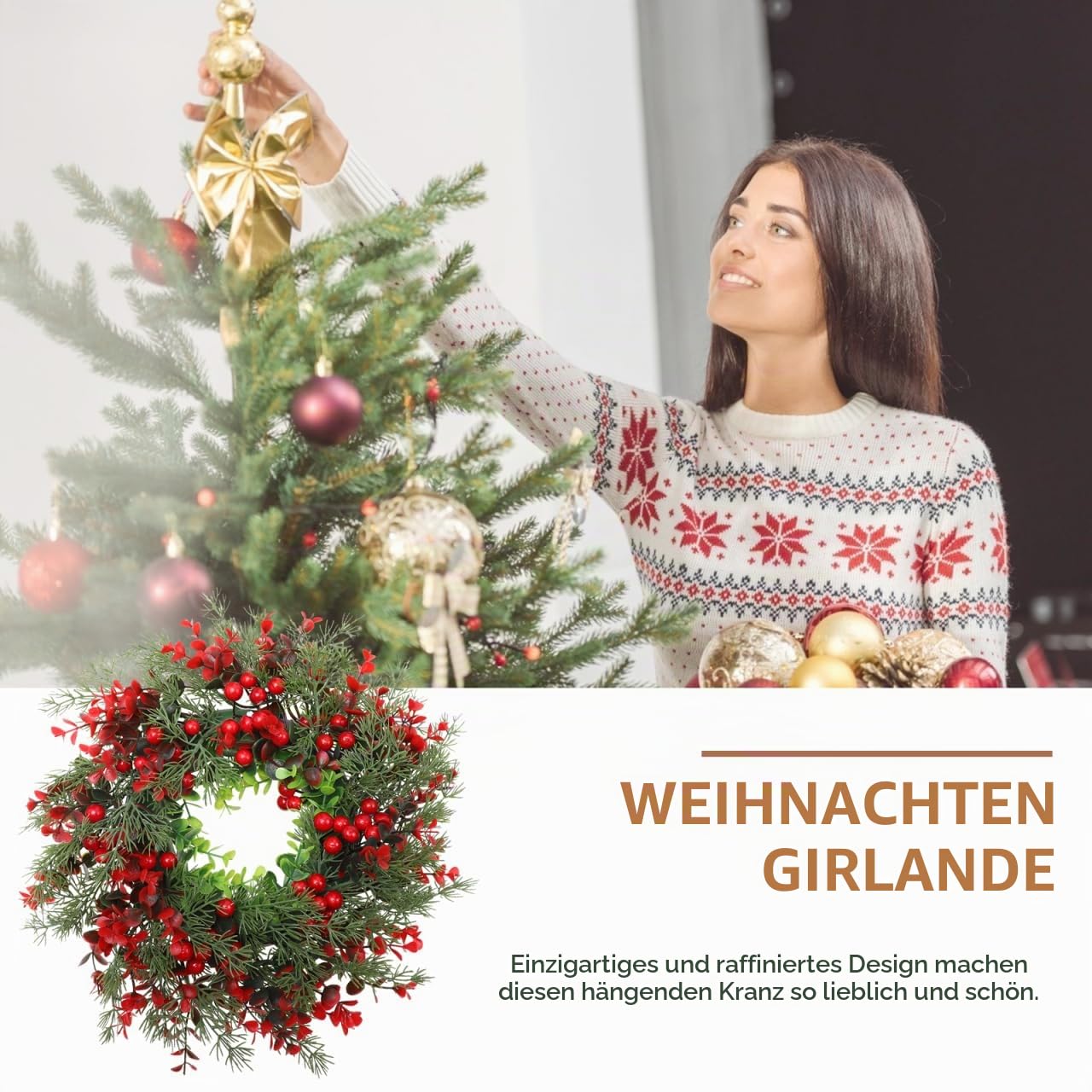 Weihnachtskranz für Tür, Adventskranz, Weihnachtsdeko für Außen und Innen, Künstlicher Kranz aus roten Kiefernnadeln（ 14 Zoll）