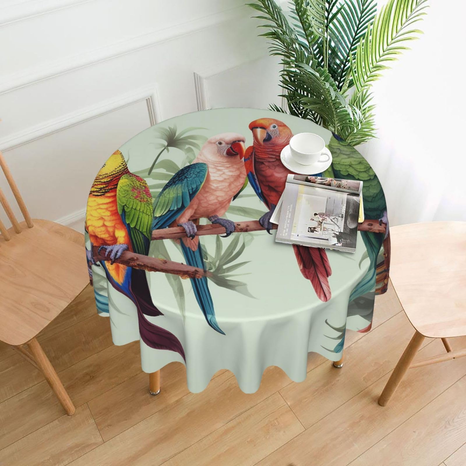 FodPand Colorful Parrots On Tree Tablecloths for Round Tables 60 Inch - Reusable Washable Dining Table Clothes - Stain and Wrinkle Resistant Decorative Fabric Table Cover for Wedding Party