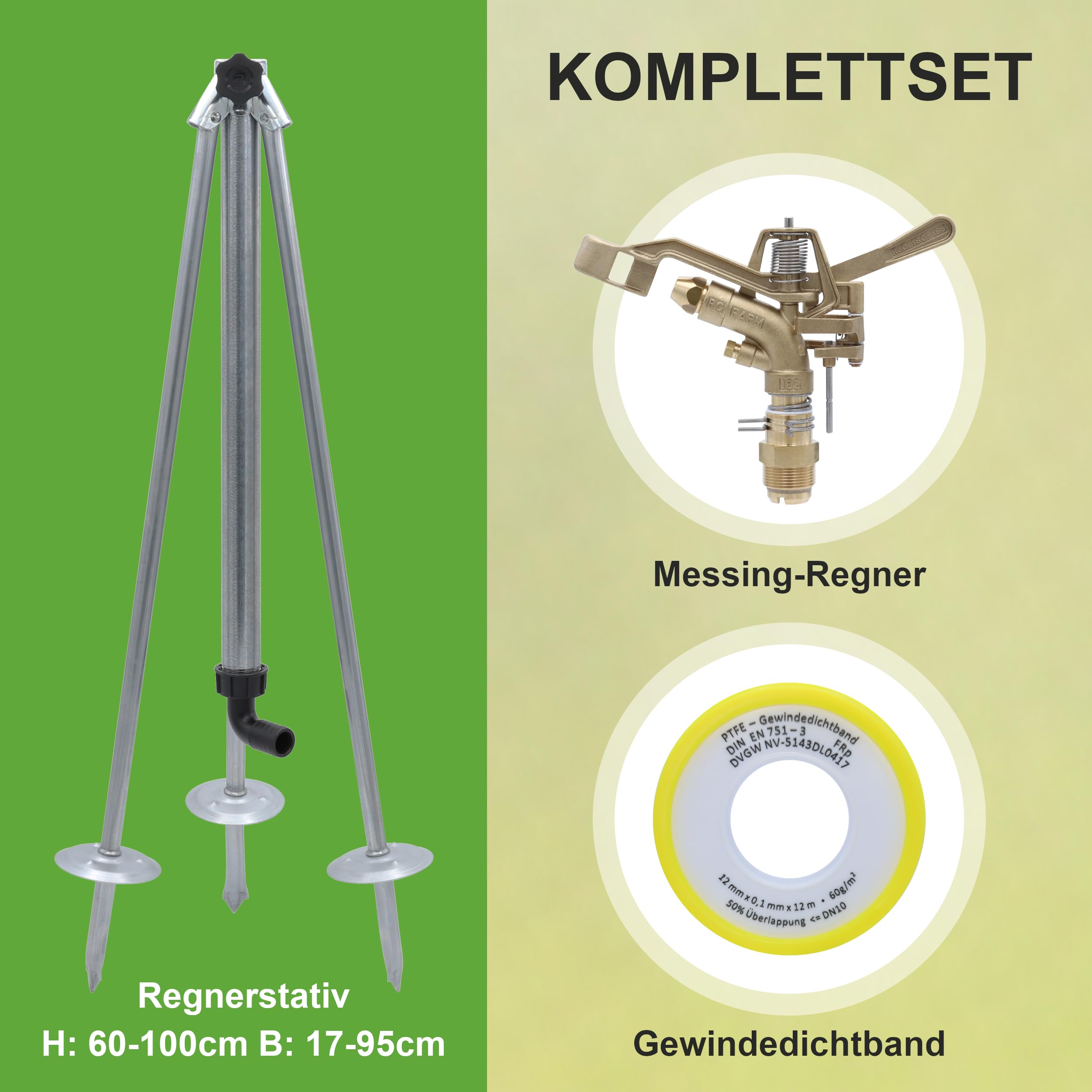 Impulsregner RC185-1 1/4 Zoll Komplettset aus Kreisregner, Dreibeinstativ & 12m Dichtband - zur Bewässerung von großen Flächen - für Gärten, Sportplätze, Felder & Gärtnereien