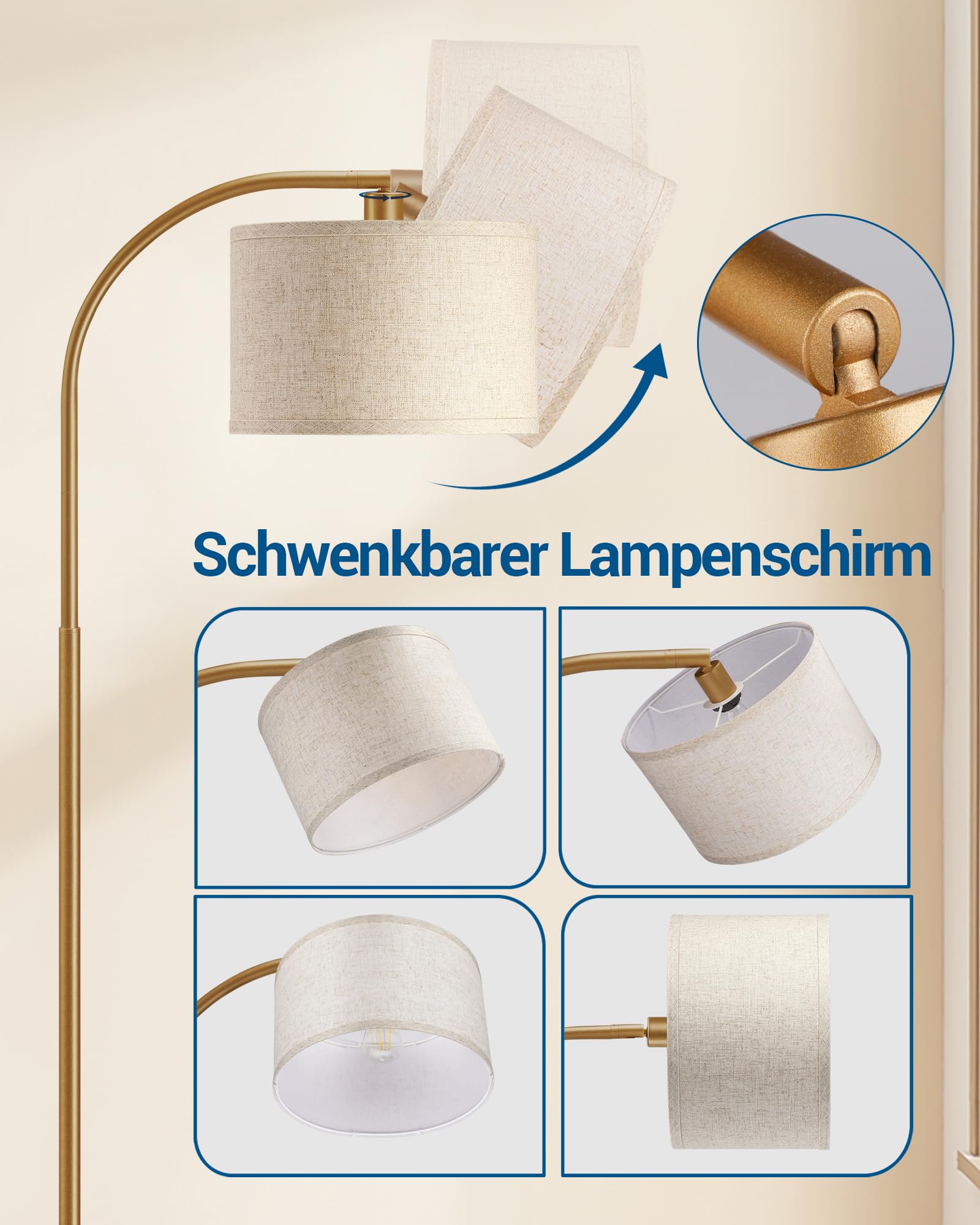 EDISHINE Stehlampe Wohnzimmer, 161cm Bogenlampe mit Verstellem Beigen Leinen-Lampenschirm & Fußschalter, mit E27 LED-Glühbirne, Leselampe Schlafzimmer, Stehleuchte Modern für Kinderzimmer, Gold