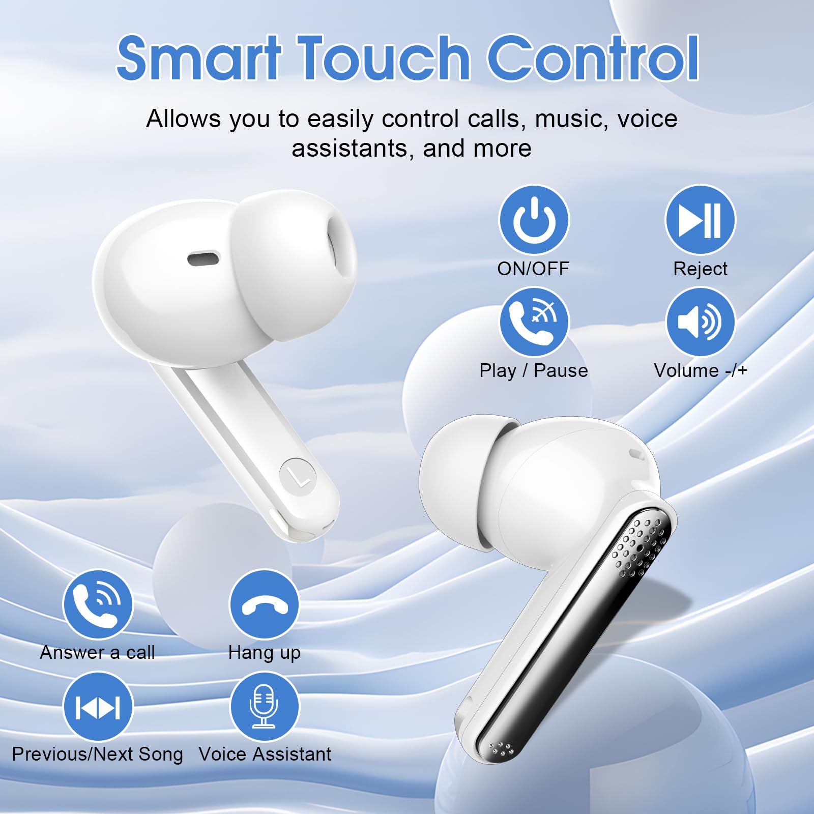 Écouteurs Bluetooth sans Fil 5.3 avec ENC Réduction Bruit, 48H Basses Immersives, IP7 Etanche, Écran LED Blanc
