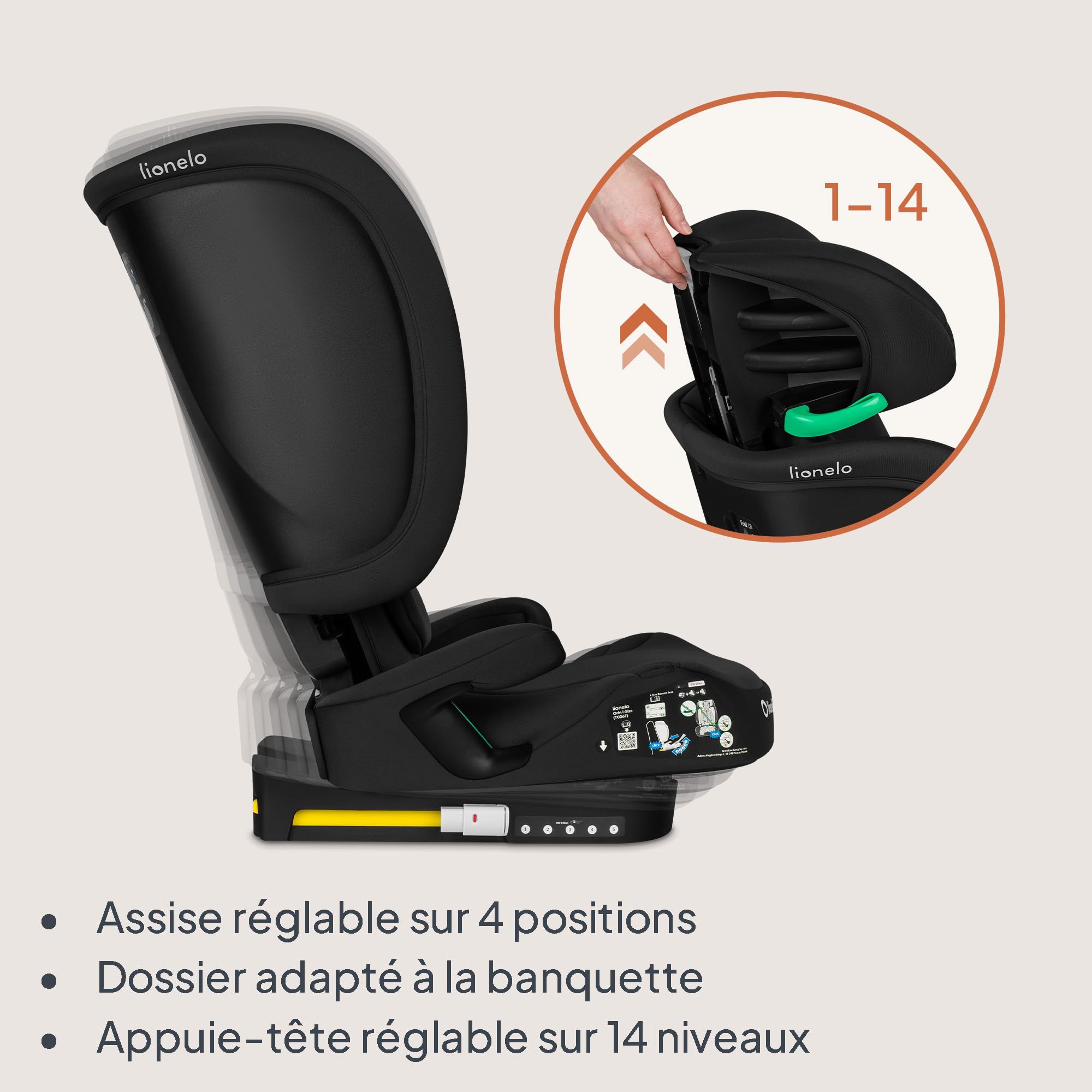 Lionelo Orin i-Size Siège-auto Pliable 100–150 cm, siege auto enfant compact pour 3,5–12 ans, Siège Auto de Voyage avec appui-tête 14 positions, installation ISOFIX ou ceinture (BLACK CARBON)