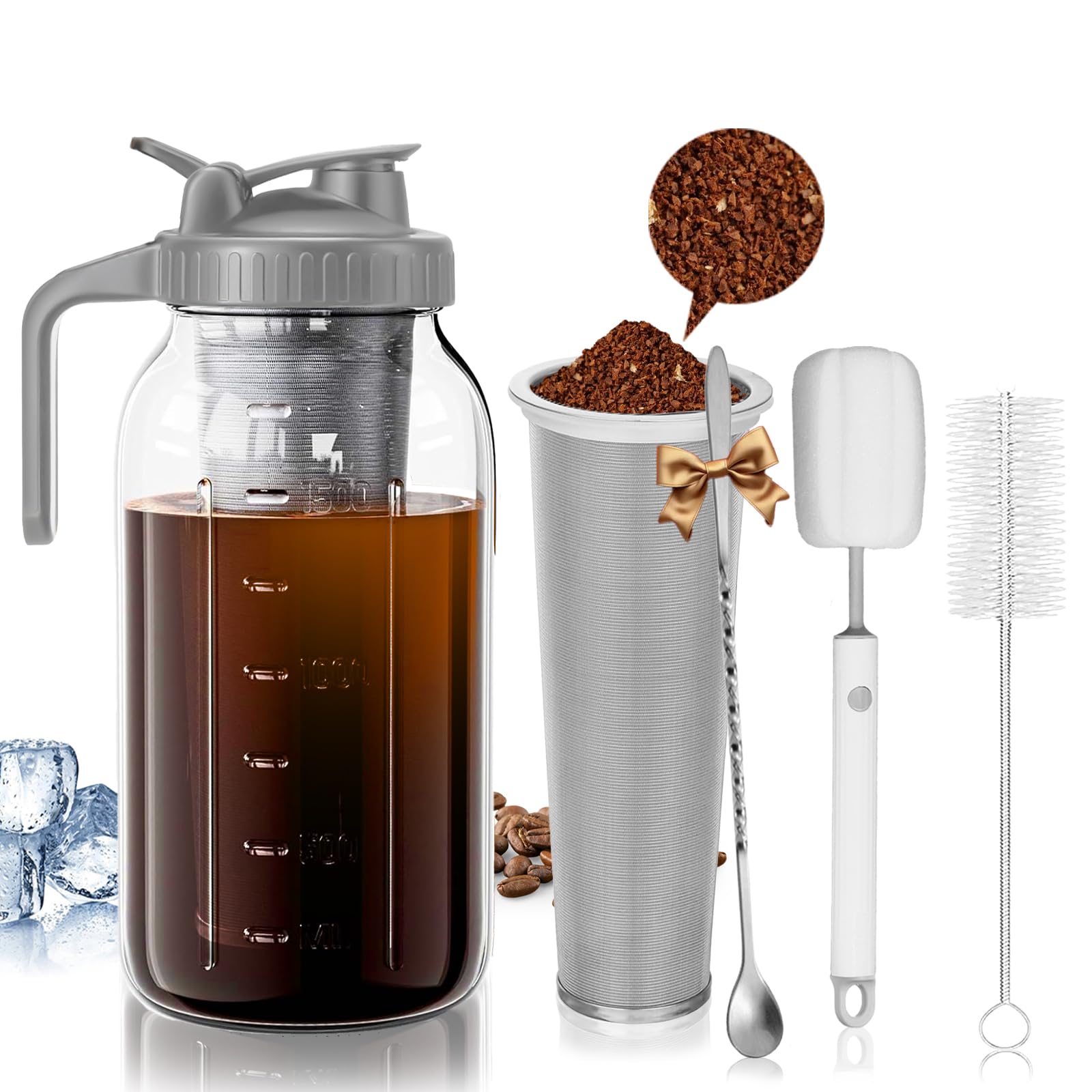 Cafultgo Kaltgebrüh-Kaffeemaschine mit Edelstahlfilter, 64OZ, robuste Eiskaffeemaschine, Ausgießer, Griff, Reinigungsbürste und Löffel, für Eiskaffee, Fruchtgetränke (64oz grau)