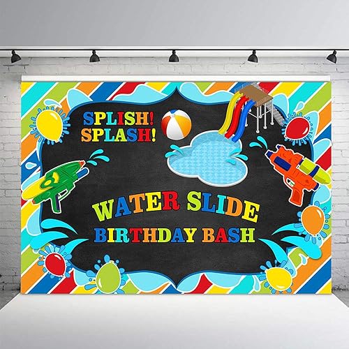 Miniatura 4 de MEHOFOND Tobogán acuático para niños, telón de fondo de fiesta de cumpleaños, salpicaduras, pizarrón, fiesta, verano, piscina, pistola, fondo,