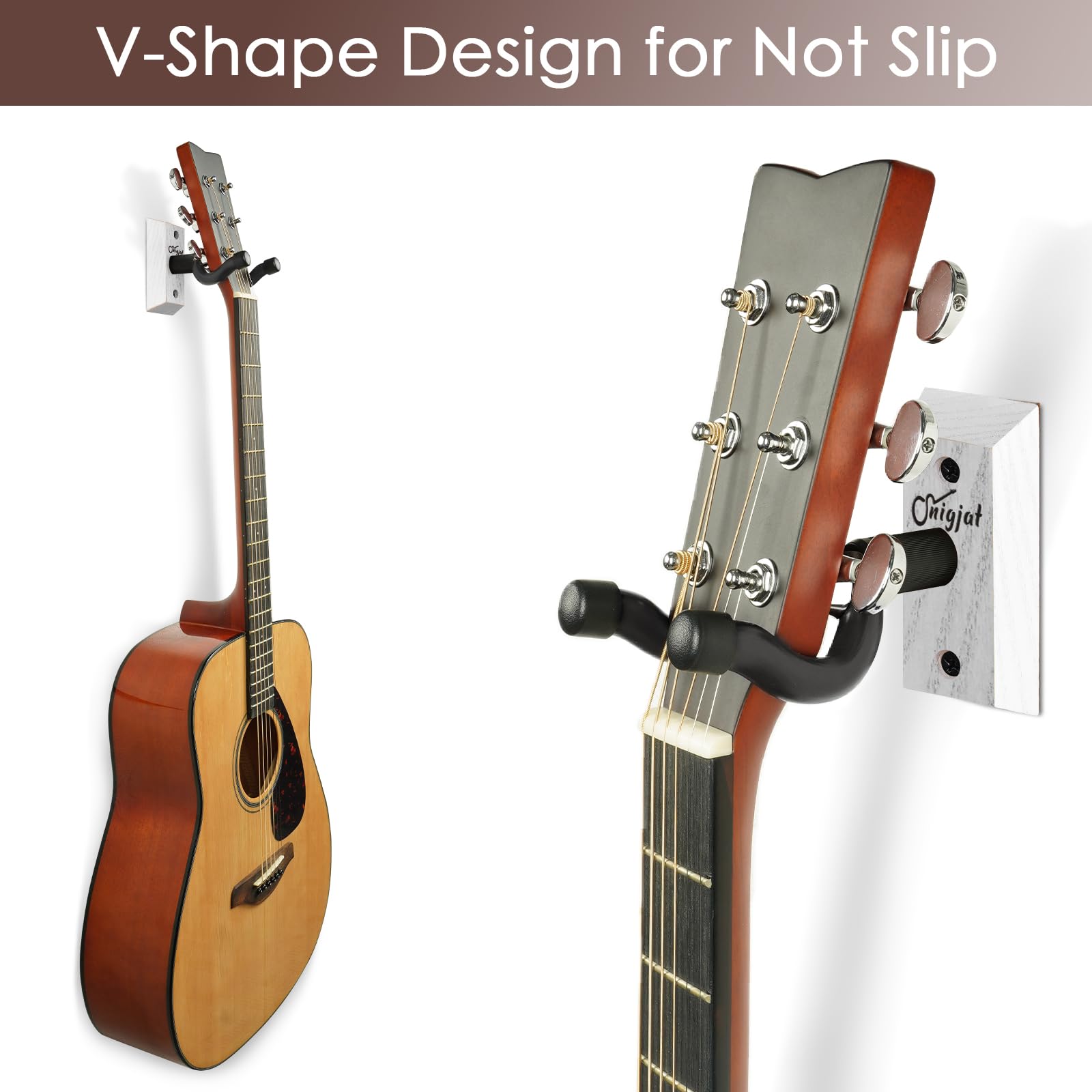Soporte de pared para guitarra, colgador de guitarra de madera dura para acústico, bajo, banjo y más, paquete de 2, solución de almacenamiento montada en la pared para una visualización segura y fácil