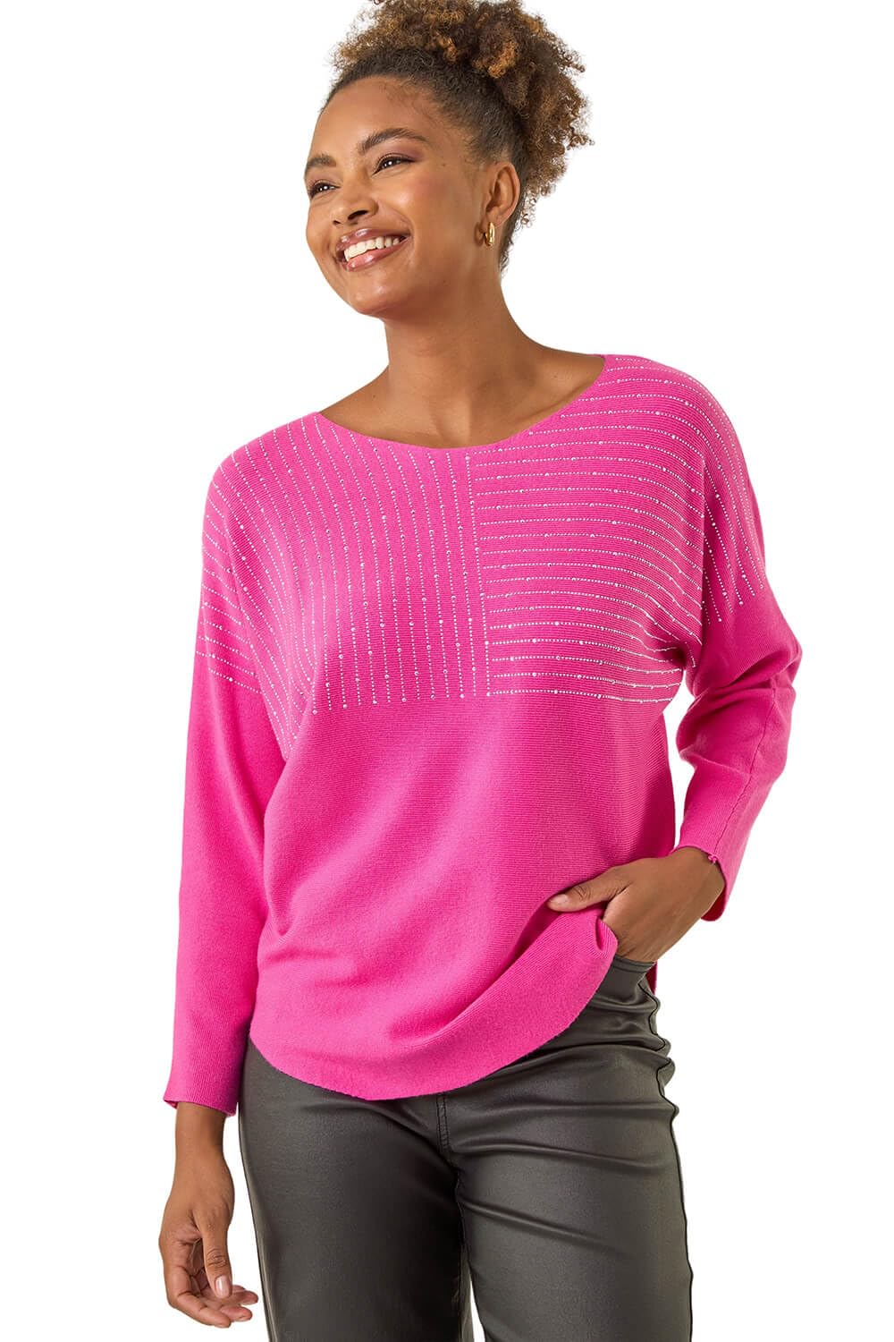 Roman Originals Women's Cerise Embellished Stripe Knit Jumper For Uk - Everyday Autumn Winter Crew Neckline Comfy Soft Evening Vacation Work Party Night Out - Size One