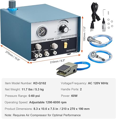 Miniatura 7 de VEVOR Máquina neumática grabadora de joyas 110V 60Hz Máquinas neumáticas de grabado a mano 400-8000 RPM Graver neumática de doble cabeza micro