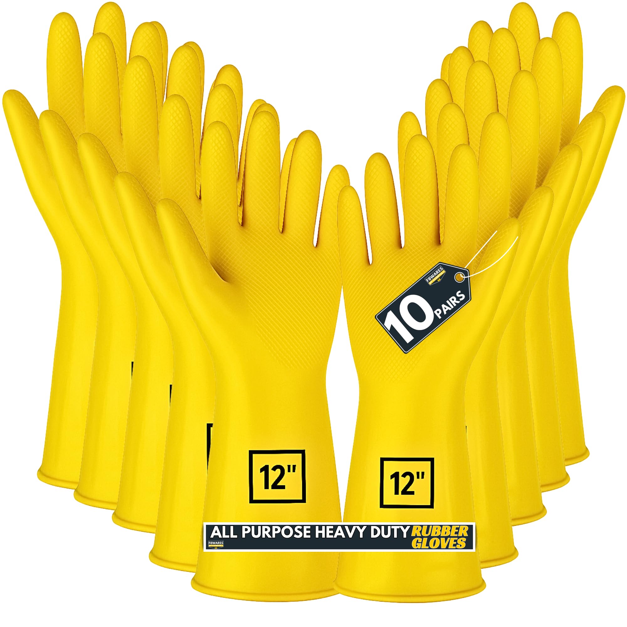 F8WARES 10 Pairs All Purpose Heavy duty Rubber Hand Gloves for Cleaning, Kitchen, Washing Utensils, Gardening, Industrial, Safety, Construction & More - Waterproof Bathroom & Toilet Gloves