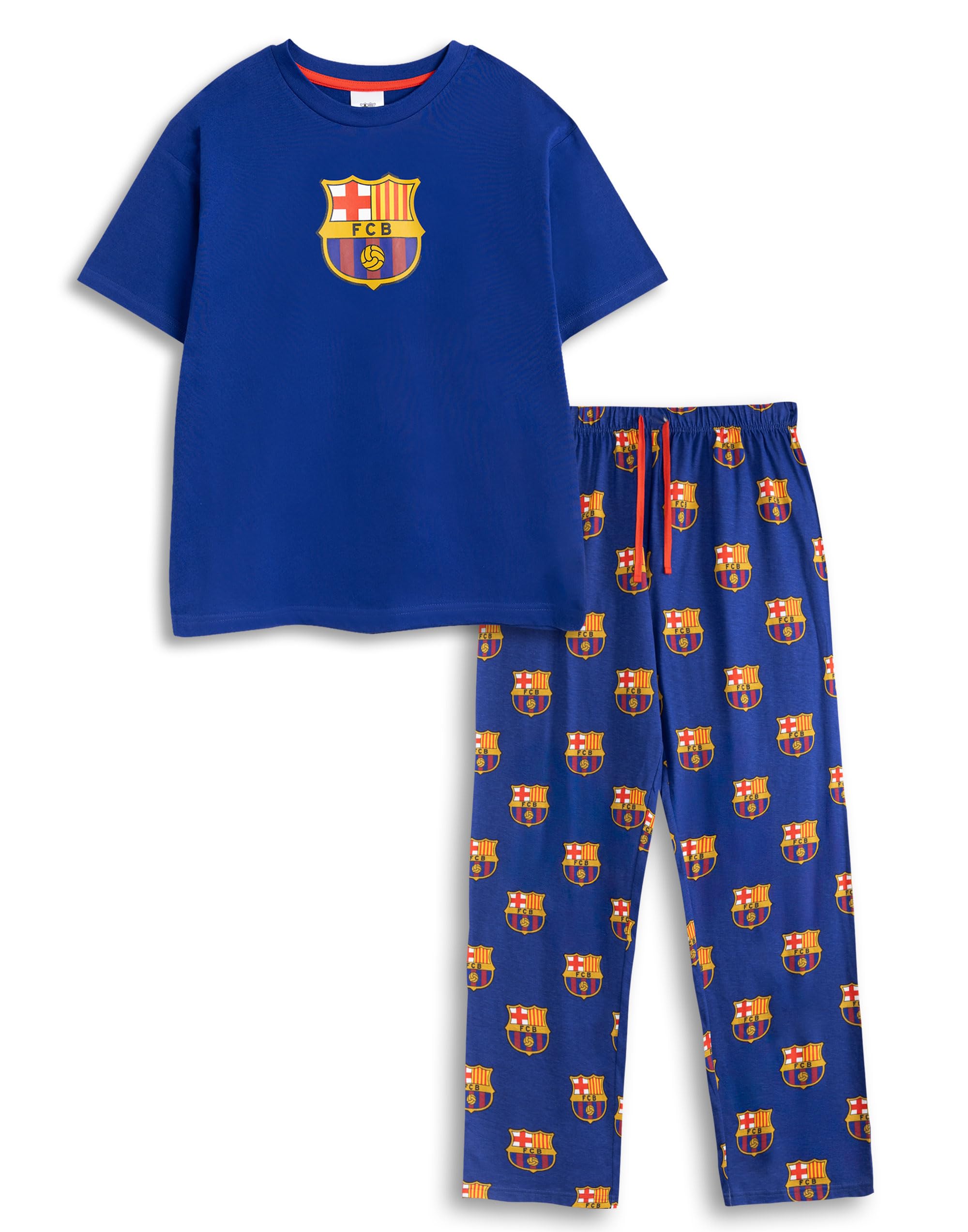 FC Barcelona Mens Blue Short Sleeve Long Leg Pyjama Set | Classic Sleepwear with Logo | Sports Themed Nightwear for Comfortable Sleep Merch - X-Large