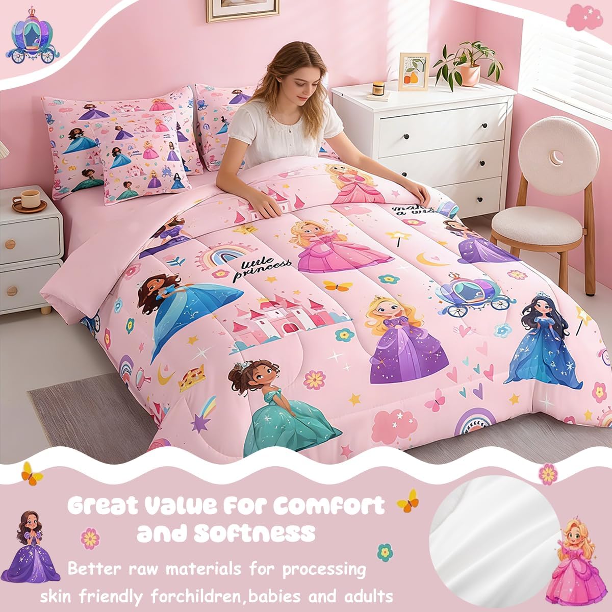 jejeloiu Kids Magical Princess Bedding Set Twin Size Pink Castle Duvet Quilt for Boys Girls Teens Bedroom Decor Fairy Comforter Set Dreamy Breathable Soft Lightweight Microfiber 2Pcs