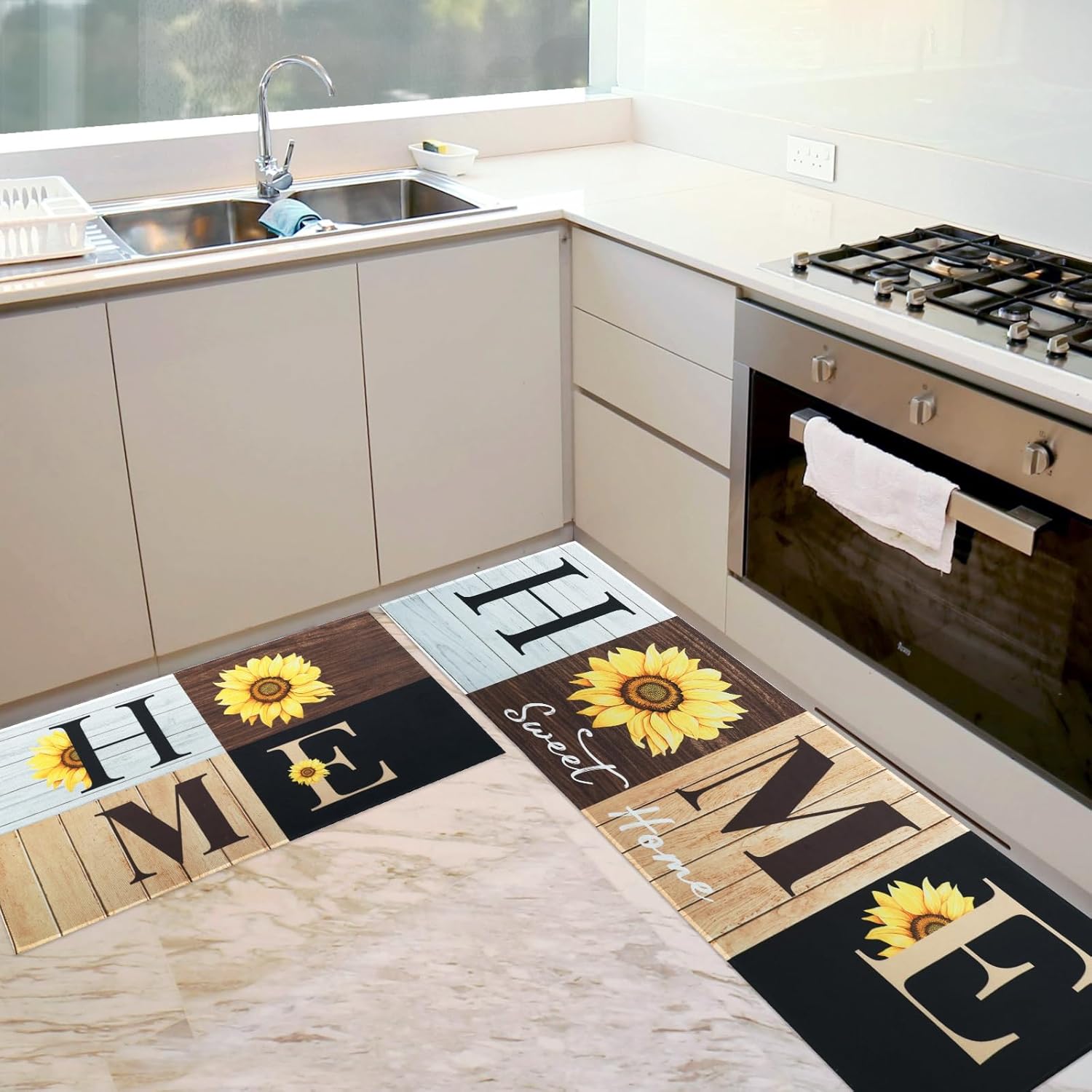 Floral Kitchen Mats Set of 2, Farmhouse Modern Woodgrain Kitchen Mats for Floor Area Runner Rugs Sunflower Kitchen Decor Accessories Stuff, 17x30 and 17x47 Inches, Sunflower Yellow