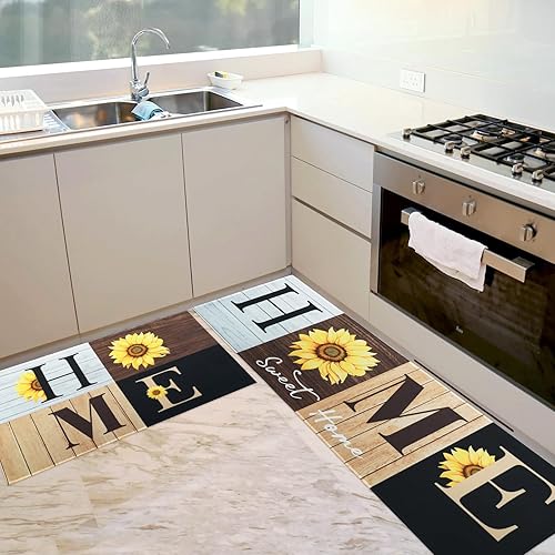 Miniatura 11 de Juego de 2 tapetes de cocina florales, tapetes de cocina modernos de grano de madera para el suelo, alfombras de pasillo color morado lavanda,