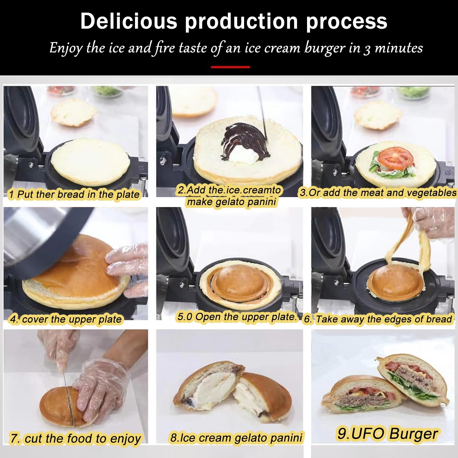 Pressa per hamburger commerciale, UFO Burger Maker 1300W, macchina per panini, pressa per panini antiaderente commerciale, macchina per hamburger, temperatura regolabile da 50 a 300°C per us