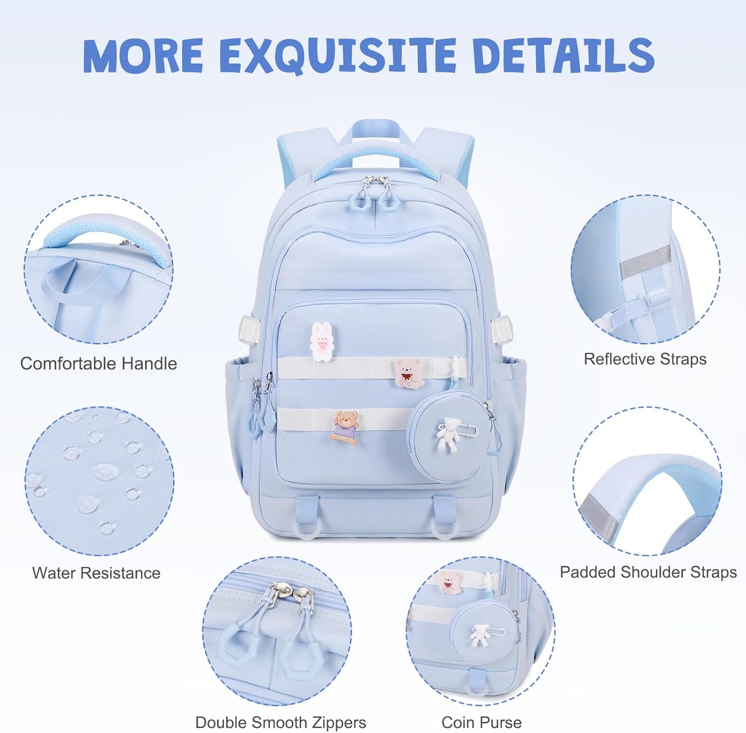 Backpacks for Girls - 4PCS Girls Backpack with Lunch Bag & Pencil Pouch Coin Pruse for Teens Kids Elementary Middle High School College Student Bookbag Daypack (Blue) - Image 4