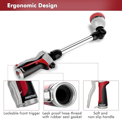 Miniatura 4 de RESTMO Varita de riego de metal, varita de manguera de jardín resistente con cabezal giratorio de 180, boquilla de manguera de 16 pulgadas con 7