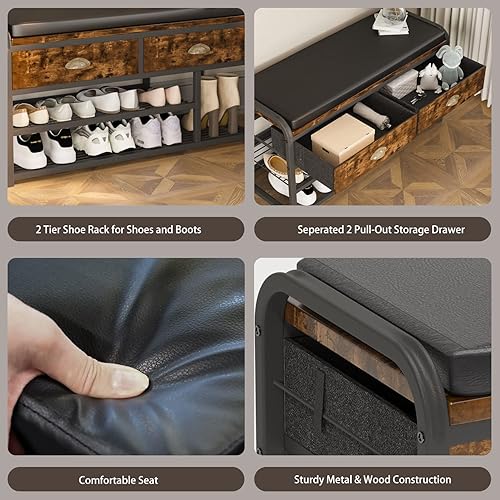 Miniatura 5 de Homeiju Banco de entrada de 3 niveles, banco de almacenamiento de zapatos con asientos y cajones acolchados, banco de metal de 35.5 pulgadas, color