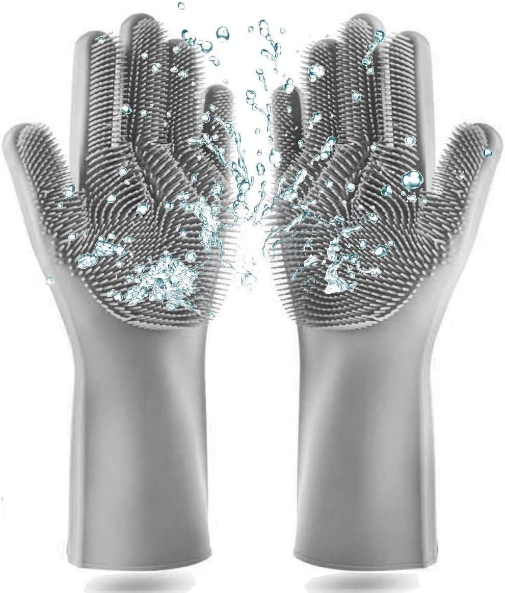 BEATY Reusable Silicone Scrubber Heat Resistant Dishwashing Sponge Gloves (Gray)