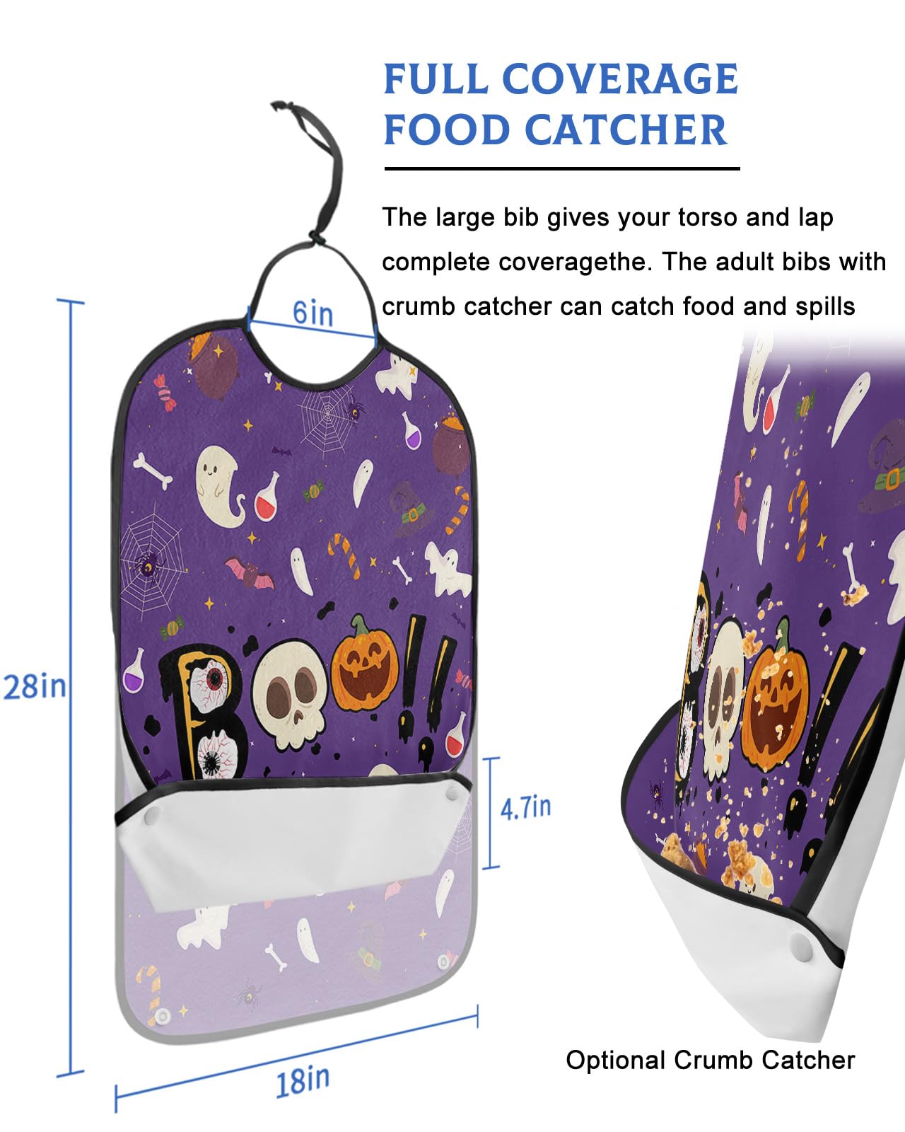 Kewadony Adult Bibs for Elderly Women - Halloween Waterproof Dining Clothing Protectors with Crumb Catcher for Eating/Feeding, Purple Boo Cute Skull Pumpkin Ghost Terry Cloth Bib Machine Washable