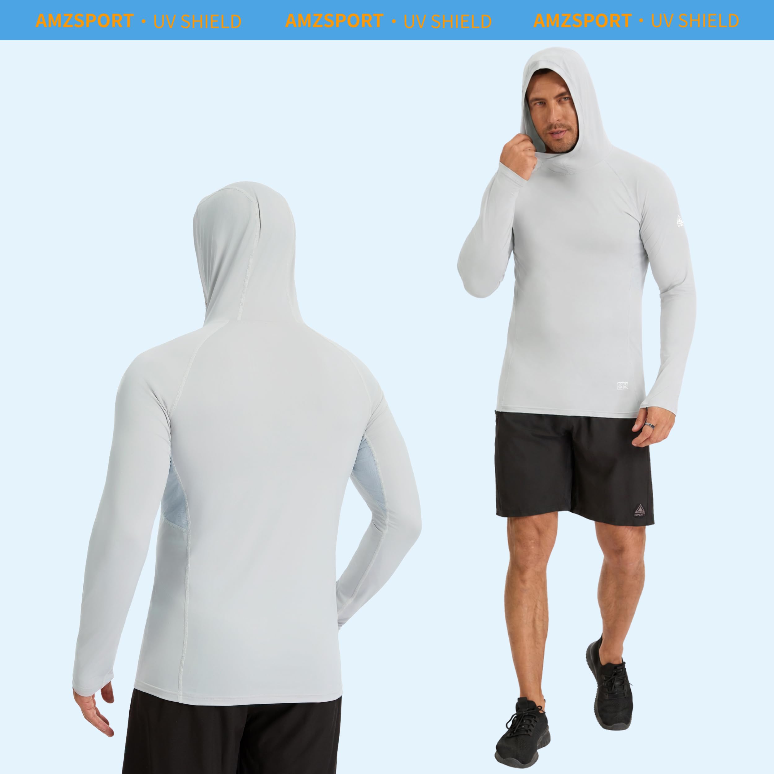 AMZSPORT Sudadera con Capucha UPF 50+ para Hombre, Camiseta de Manga Larga con Protección Solar UV, Rashguard