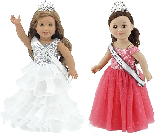Emily Rose Ropa de muñeca de 18 pulgadas, vestido de concurso de 6 piezas y accesorios de muñeca de 18 pulgadas con fajas y coronas, juego de regalo